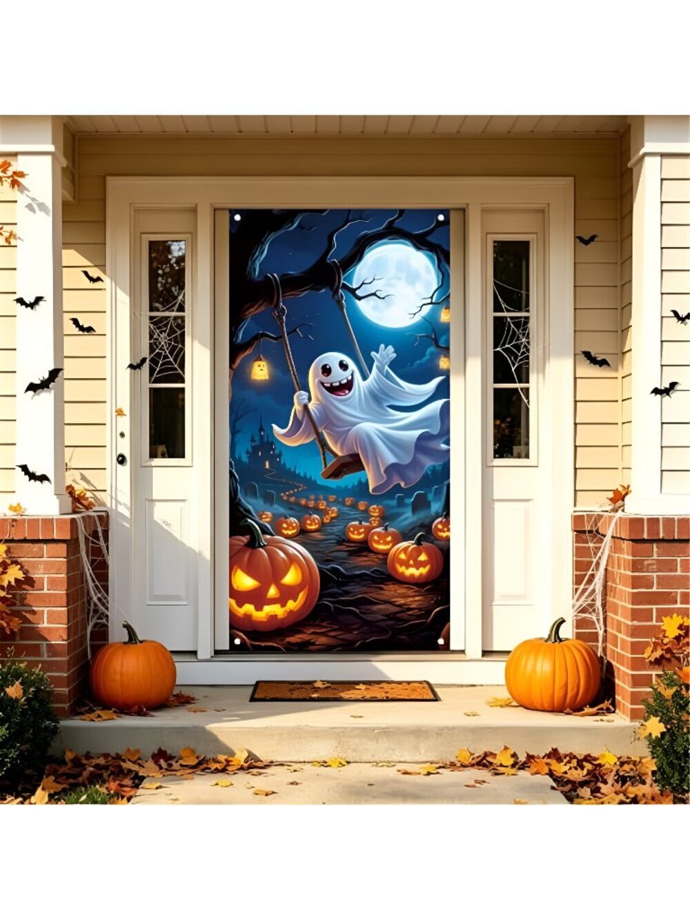 Halloween Door Cover-Cute Spooky Ghost Pumkins Door Banner, 71"X35"
